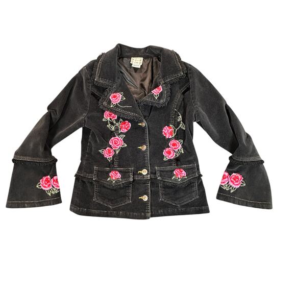 The English Roses Jacket Girls 14 Black Corduroy with Embroidered Red Roses - Picture 1 of 11